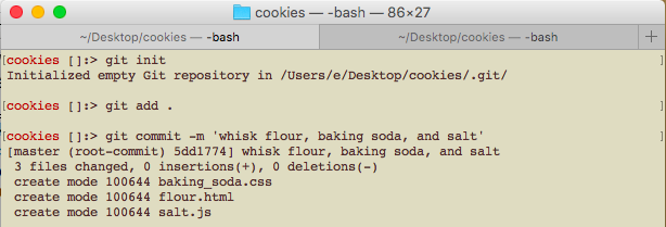 terminal window display git commit