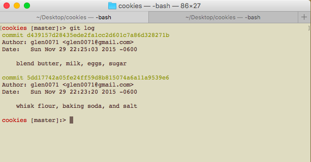 terminal window display git log