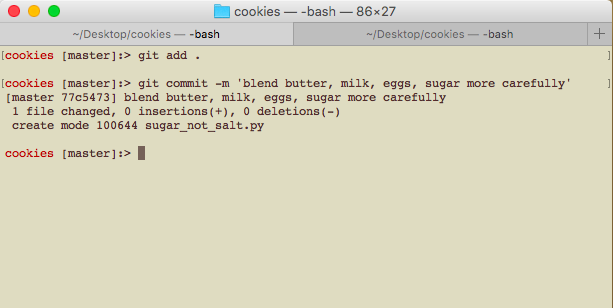 terminal window display git add and commit