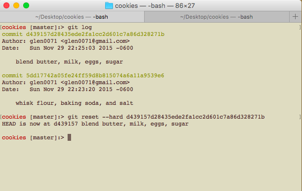 terminal window display git reset